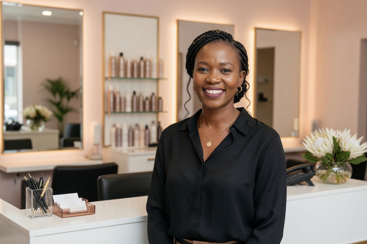 A salon owner at reception