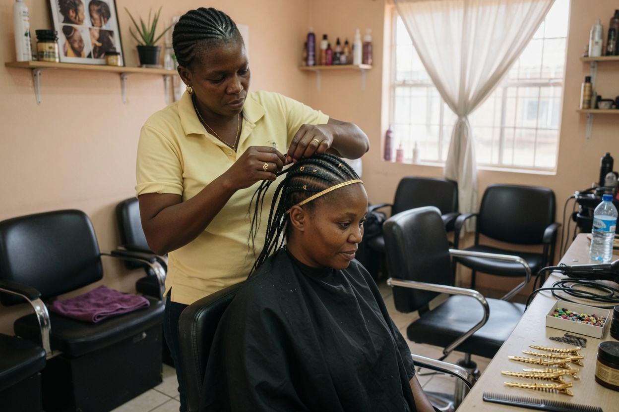 A stylist braiding hair